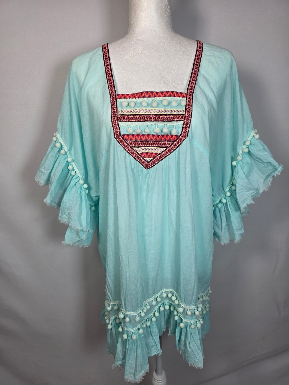Debbie Katz Tunic L Aqua Embroidered Pom Pom Boho Beach Cover Up